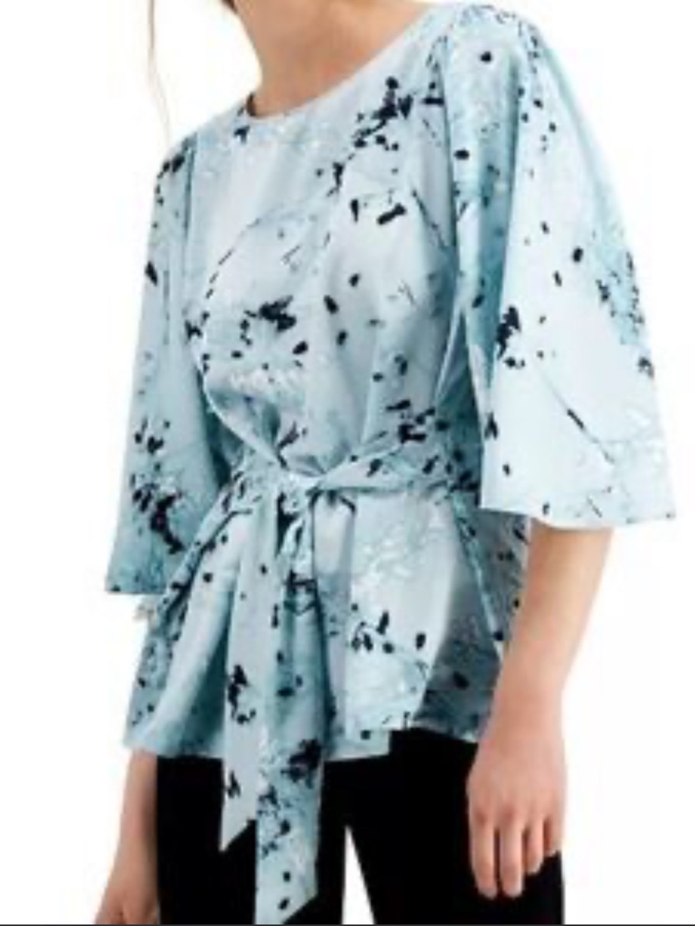 Alfani Light Blue Printed Tie-Waist Peplum Blouse